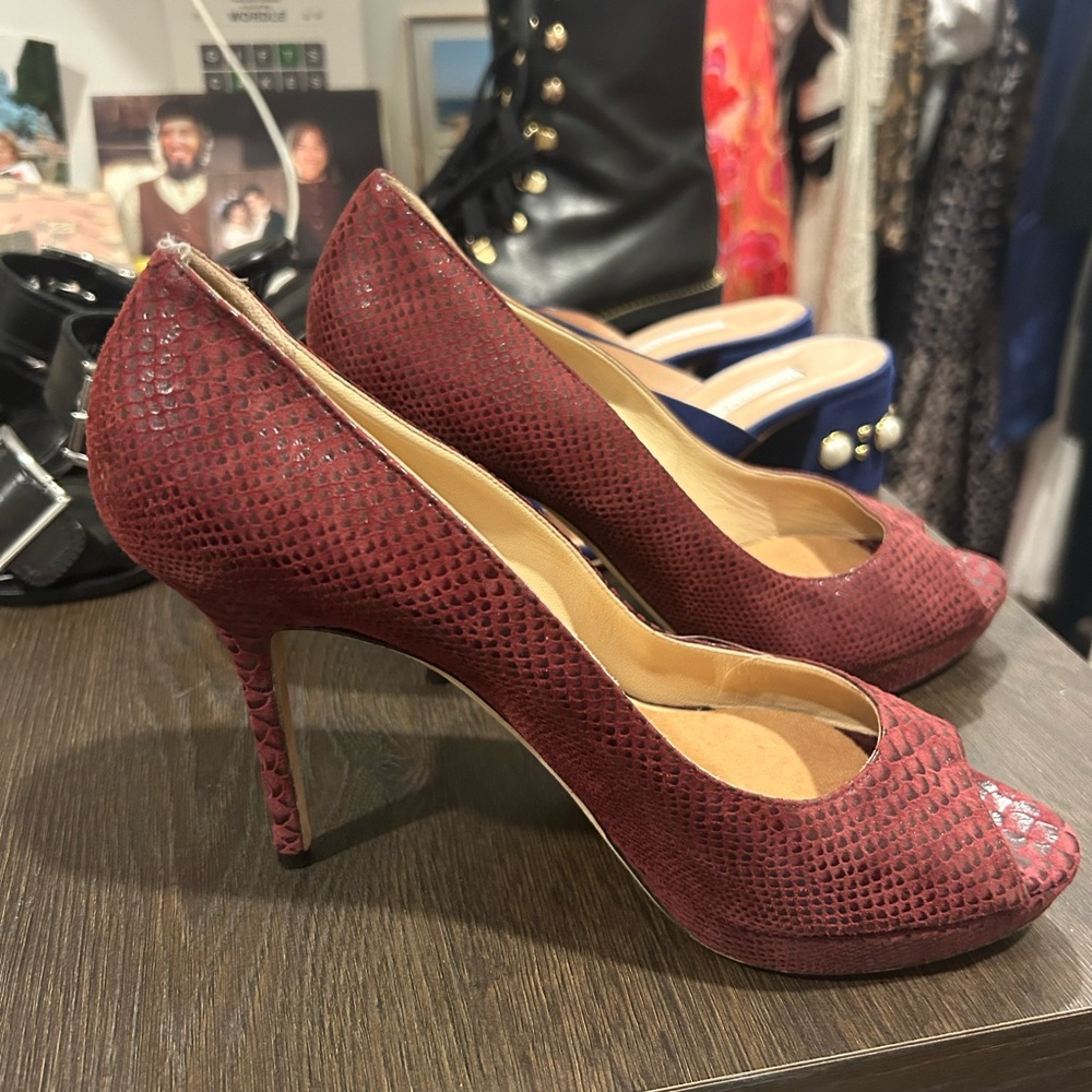Jimmy Choo Red Peep-Toe Heels with Textured Design